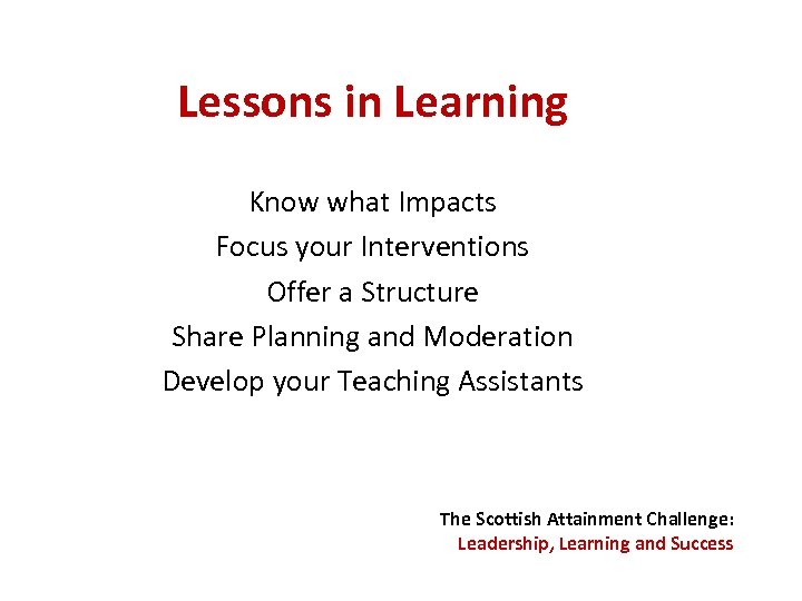 Lessons in Learning Know what Impacts Focus your Interventions Offer a Structure Share Planning