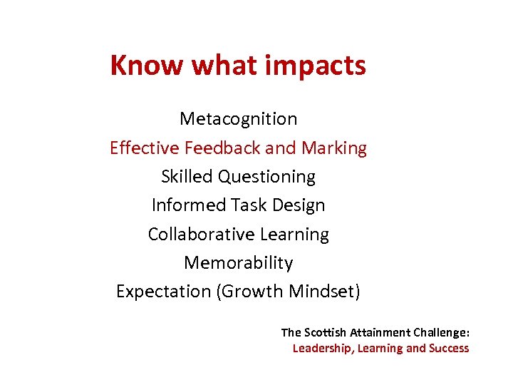 Know what impacts Metacognition Effective Feedback and Marking Skilled Questioning Informed Task Design Collaborative