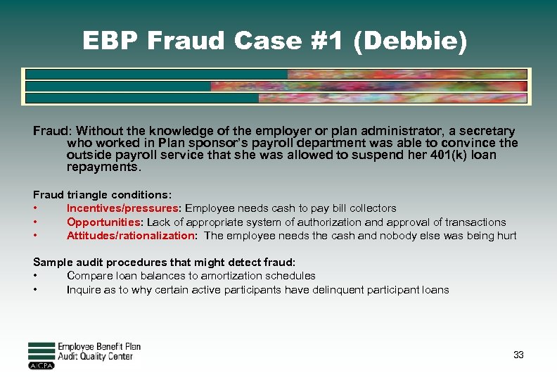 EBP Fraud Case #1 (Debbie) Fraud: Without the knowledge of the employer or plan