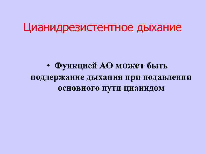 Цианидрезистентное дыхание • Функцией АО может быть поддержание дыхания при подавлении основного пути цианидом