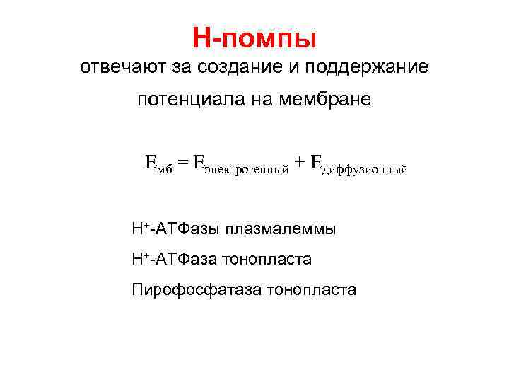 Н-помпы отвечают за создание и поддержание потенциала на мембране Емб = Еэлектрогенный + Едиффузионный