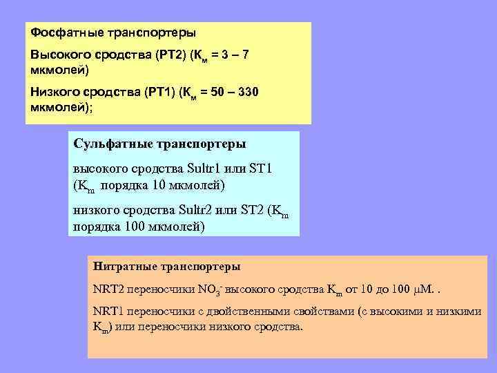 Фосфатные транспортеры Высокого сродства (PT 2) (Км = 3 – 7 мкмолей) Низкого сродства