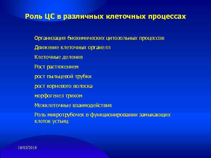 Роль ЦС в различных клеточных процессах Организация биохимических цитозольных процессов Движение клеточных органелл Клеточные