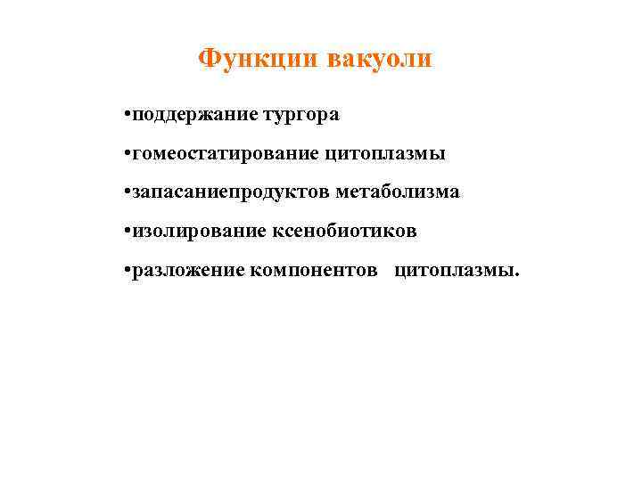 Функции вакуоли • поддержание тургора • гомеостатирование цитоплазмы • запасаниепродуктов метаболизма • изолирование ксенобиотиков
