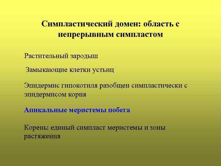 Симпластический домен: область с непрерывным симпластом Растительный зародыш Замыкающие клетки устьиц Эпидермис гипокотиля разобщен