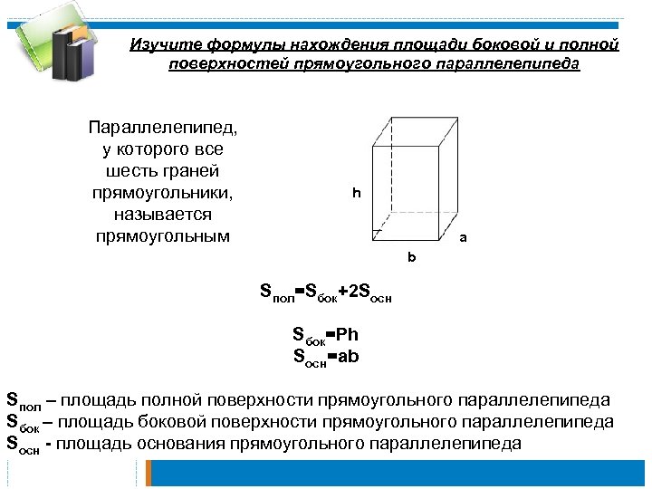 Площадь поверхности прямоугольного параллелепипеда измерение которого