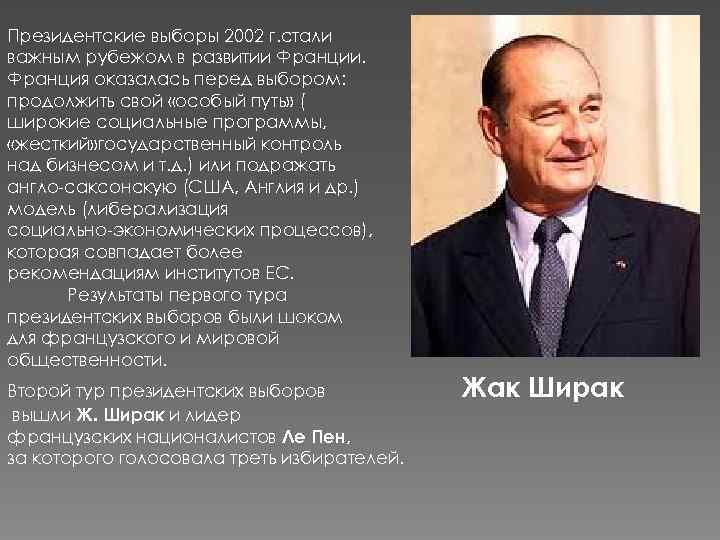 Президентские выборы 2002 г. стали важным рубежом в развитии Франции. Франция оказалась перед выбором: