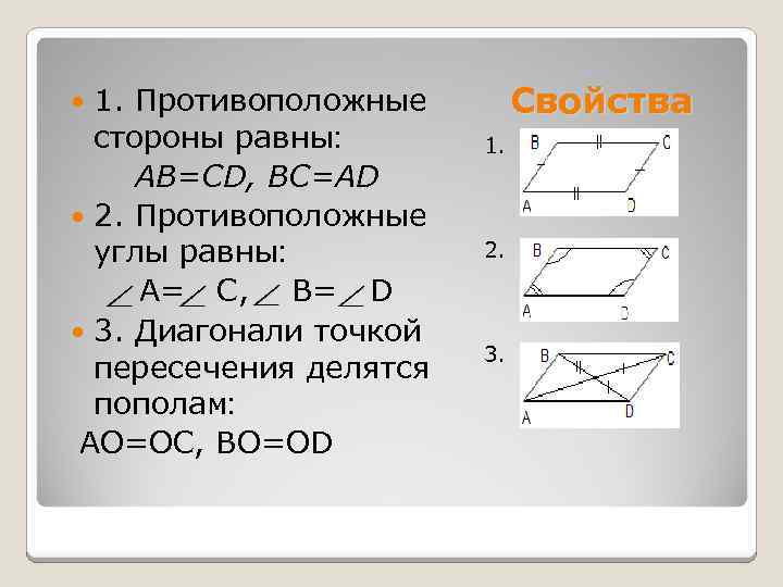 1. Противоположные стороны равны: AB=CD, BC=AD 2. Противоположные углы равны: A= C, B= D