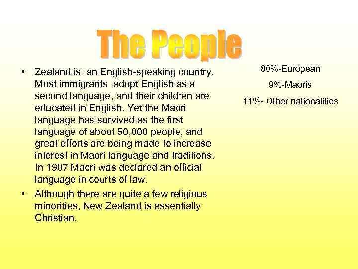  • Zealand is an English speaking country. Most immigrants adopt English as a