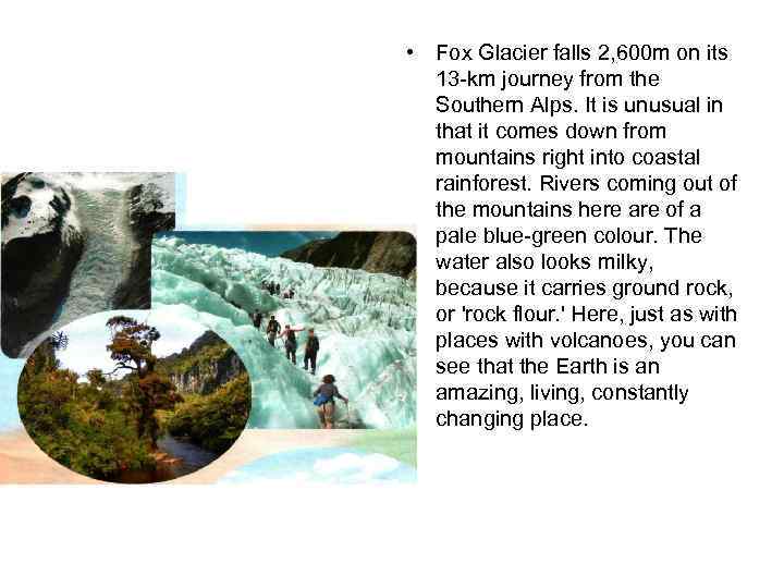  • Fox Glacier falls 2, 600 m on its 13 km journey from