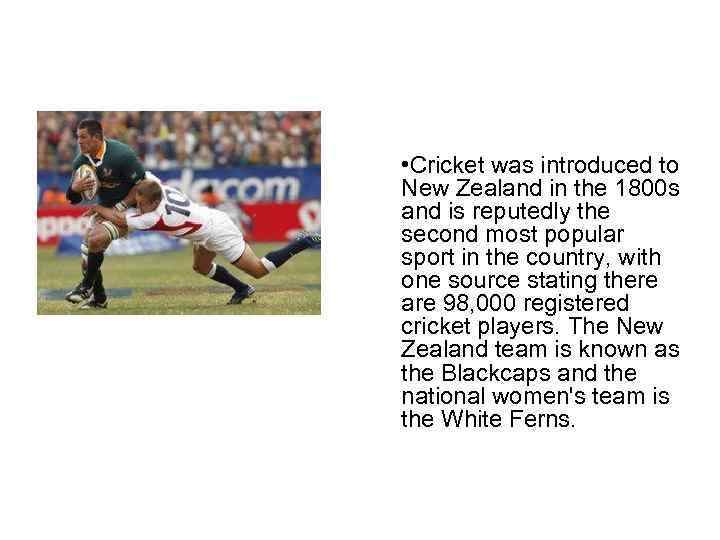  • Cricket was introduced to New Zealand in the 1800 s and is