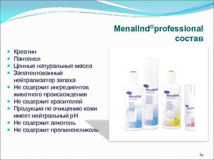 Menalind®рrofessional состав Креатин Пантенол Ценные натуральные масла Запатентованный нейтрализатор запаха Не содержит ингредиентов животного