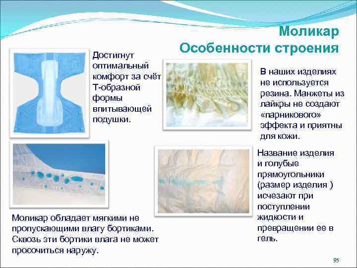 Достигнут оптимальный комфорт за счёт Т-образной формы впитывающей подушки. Моликар обладает мягкими не пропускающими