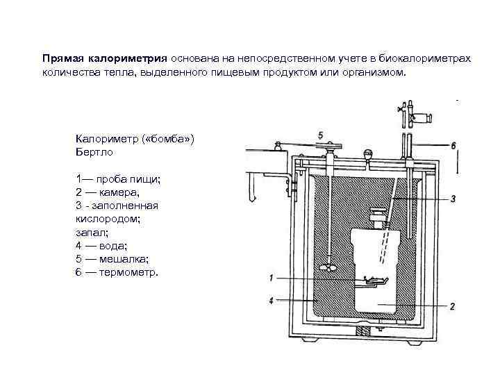 Прямая калориметрия основана на непосредственном учете в биокалориметрах количества тепла, выделенного пищевым продуктом или