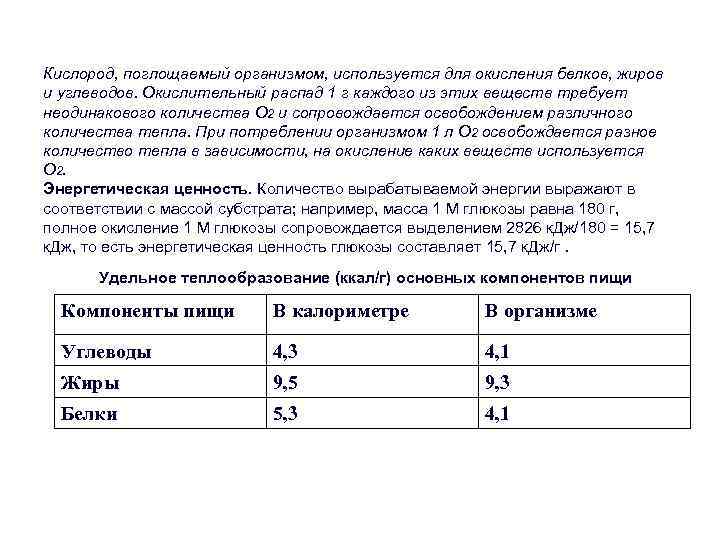 Кислород, поглощаемый организмом, используется для окисления белков, жиров и углеводов. Окислительный распад 1 г