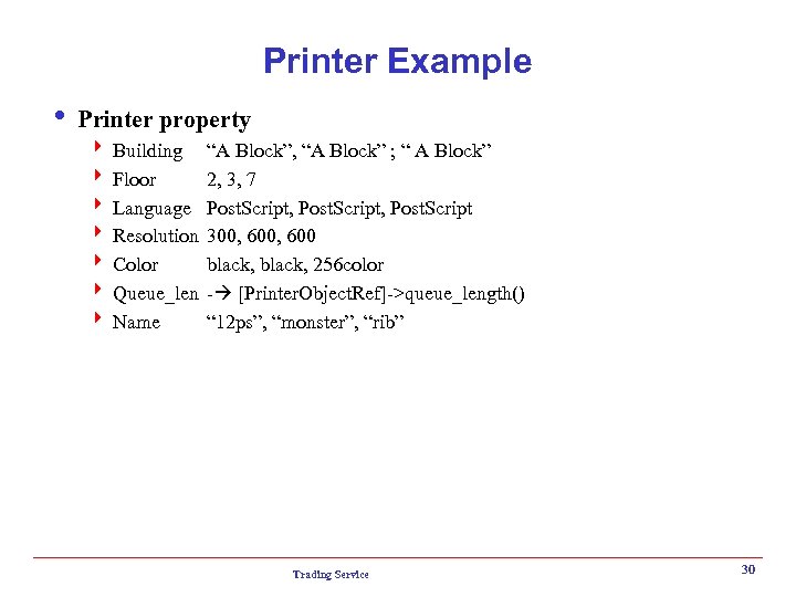 Printer Example i Printer property 4 Building 4 Floor 4 Language 4 Resolution 4