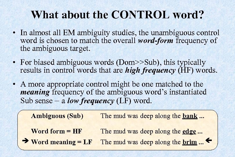 What about the CONTROL word? • In almost all EM ambiguity studies, the unambiguous
