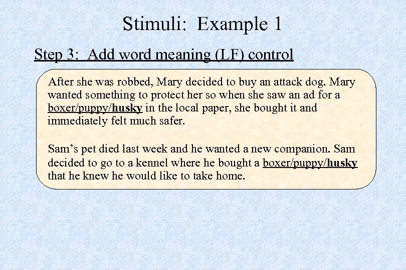 Stimuli: Example 1 Step 3: Add word meaning (LF) control After she was robbed,