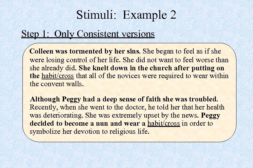 Stimuli: Example 2 Step 1: Only Consistent versions Colleen was tormented by her sins.