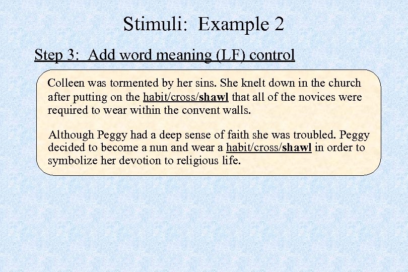 Stimuli: Example 2 Step 3: Add word meaning (LF) control Colleen was tormented by