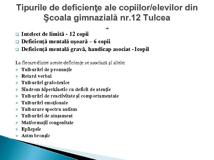 Tipurile de deficienţe ale copiilor/elevilor din Şcoala gimnazială nr. 12 Tulcea - q q