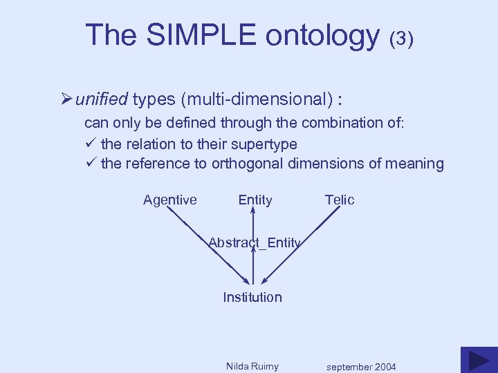 The SIMPLE ontology (3) Ø unified types (multi-dimensional) : can only be defined through