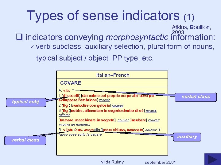 Types of sense indicators (1) Atkins, Bouillon, 2003 q indicators conveying morphosyntactic information: ü