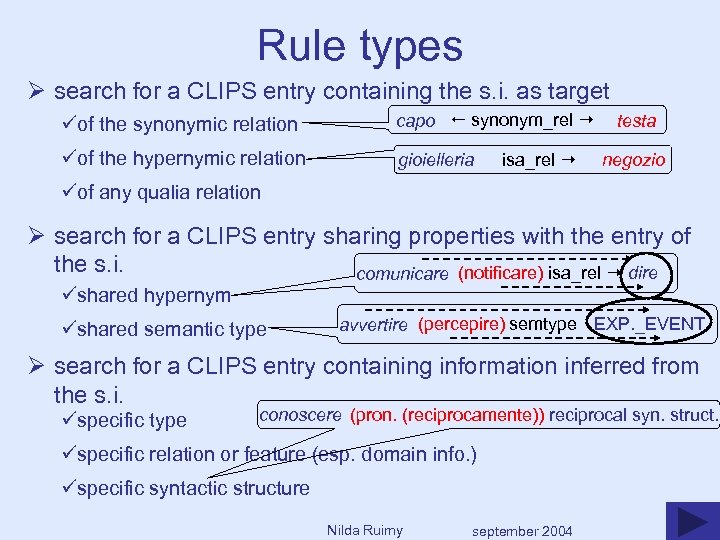 Rule types Ø search for a CLIPS entry containing the s. i. as target