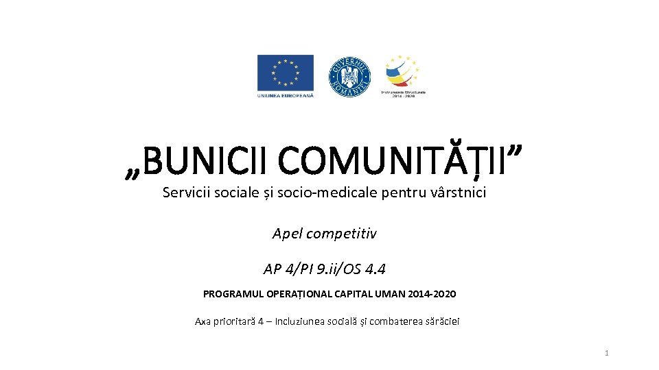 „BUNICII COMUNITĂȚII” Servicii sociale și socio-medicale pentru vârstnici Apel competitiv AP 4/PI 9. ii/OS