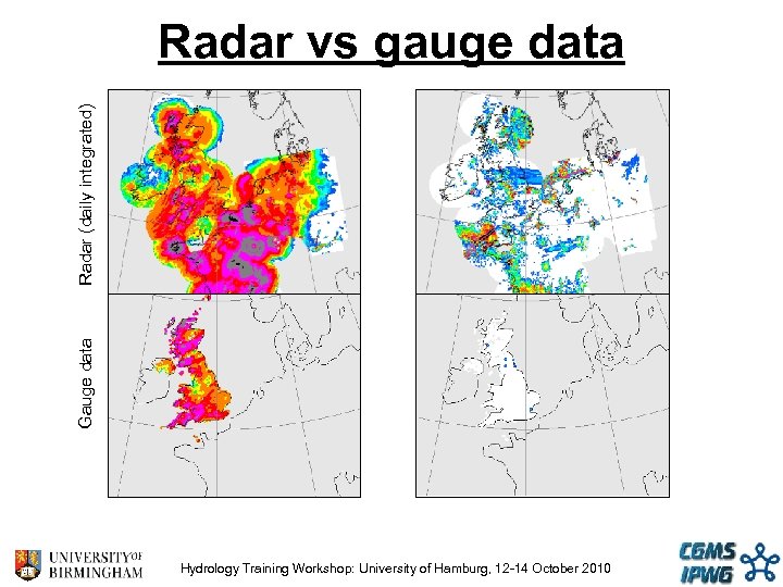 Gauge data Radar (daily integrated) Radar vs gauge data Hydrology Training Workshop: University of