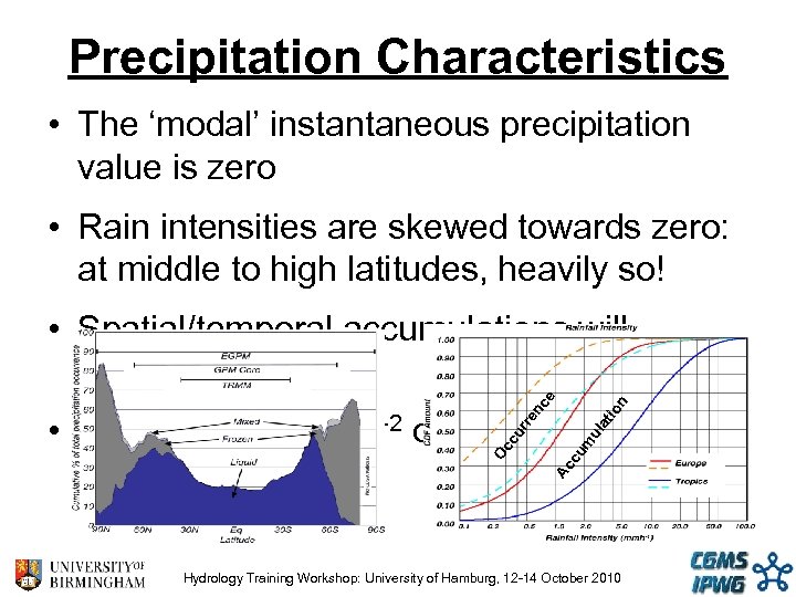 Precipitation Characteristics • The ‘modal’ instantaneous precipitation value is zero • Rain intensities are