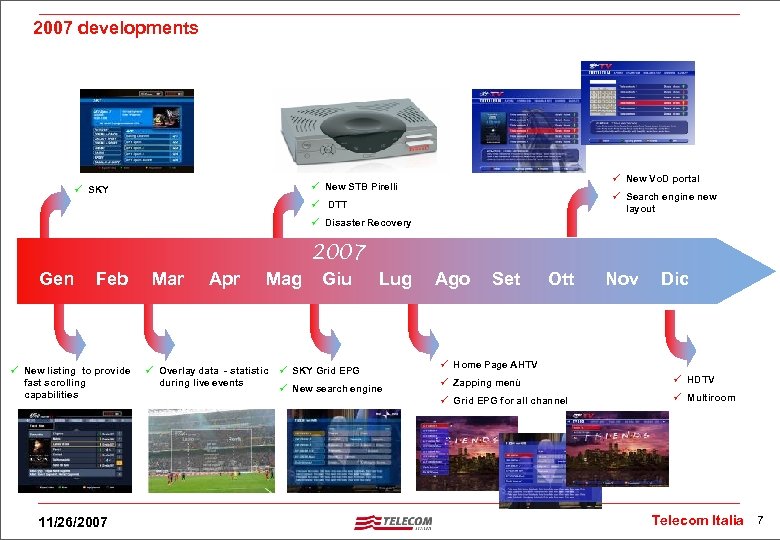 2007 developments ü New Vo. D portal ü New STB Pirelli ü SKY ü
