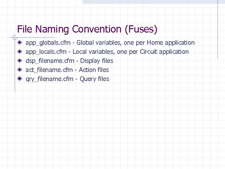 File Naming Convention (Fuses) app_globals. cfm - Global variables, one per Home application app_locals.