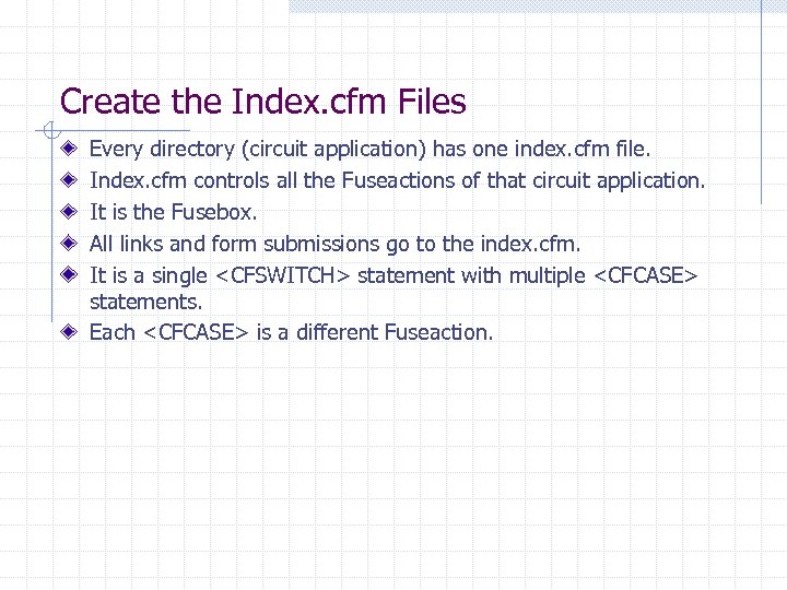Create the Index. cfm Files Every directory (circuit application) has one index. cfm file.