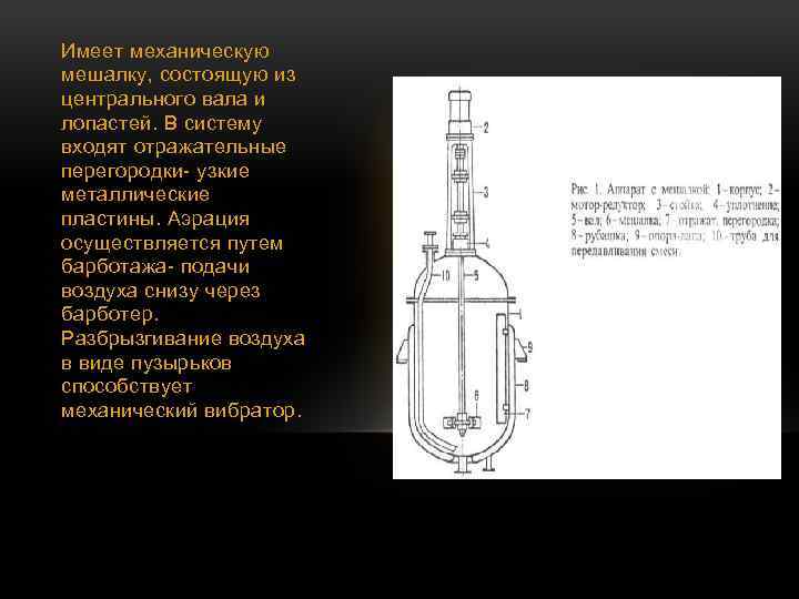 Имеет механическую мешалку, состоящую из центрального вала и лопастей. В систему входят отражательные перегородки-