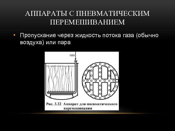 АППАРАТЫ С ПНЕВМАТИЧЕСКИМ ПЕРЕМЕШИВАНИЕМ • Пропускание через жидкость потока газа (обычно воздуха) или пара