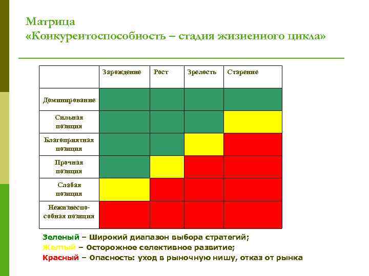 Матрица «Конкурентоспособность – стадия жизненного цикла» Зарождение Рост Зрелость Старение Доминирование Сильная позиция Благоприятная
