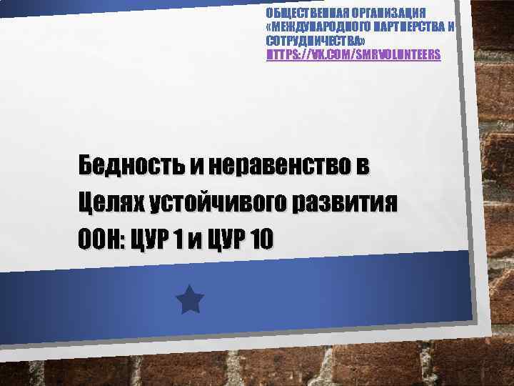 ОБЩЕСТВЕННАЯ ОРГАНИЗАЦИЯ «МЕЖДУНАРОДНОГО ПАРТНЕРСТВА И СОТРУДНИЧЕСТВА» HTTPS: //VK. COM/SMRVOLUNTEERS Бедность и неравенство в Целях