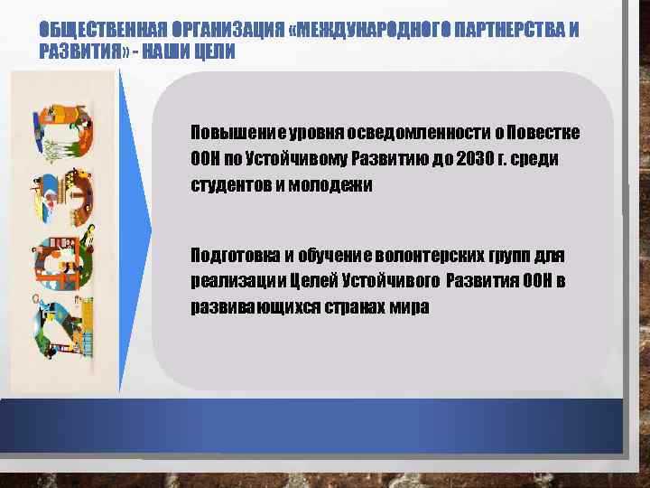 ОБЩЕСТВЕННАЯ ОРГАНИЗАЦИЯ «МЕЖДУНАРОДНОГО ПАРТНЕРСТВА И РАЗВИТИЯ» - НАШИ ЦЕЛИ Повышение уровня осведомленности о Повестке