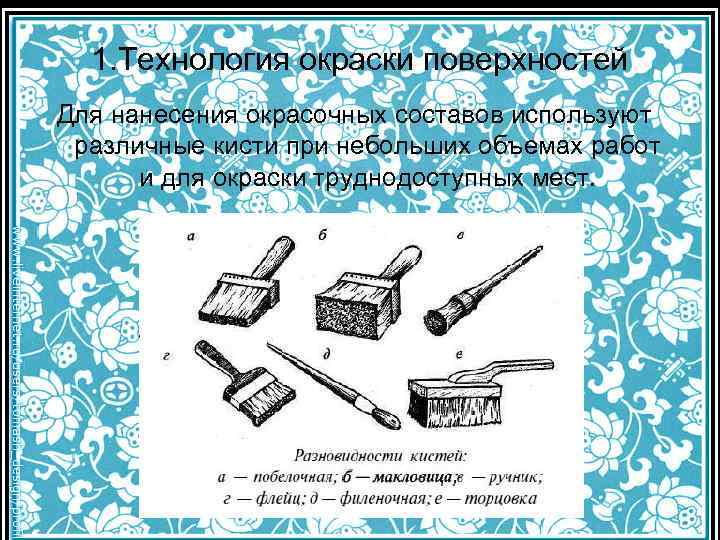 1. Технология окраски поверхностей Для нанесения окрасочных составов используют различные кисти при небольших объемах