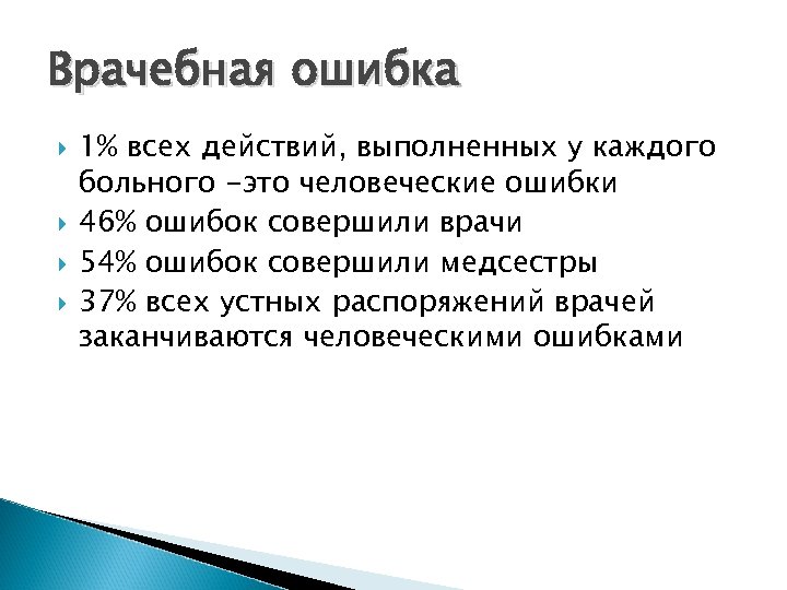 Врачебная ошибка 1% всех действий, выполненных у каждого больного -это человеческие ошибки 46% ошибок