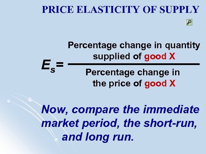 PRICE ELASTICITY OF SUPPLY E s= Percentage change in quantity supplied of good X