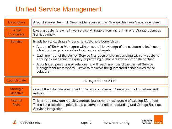 Unified Service Management Description A synchronized team of Service Managers across Orange Business Services
