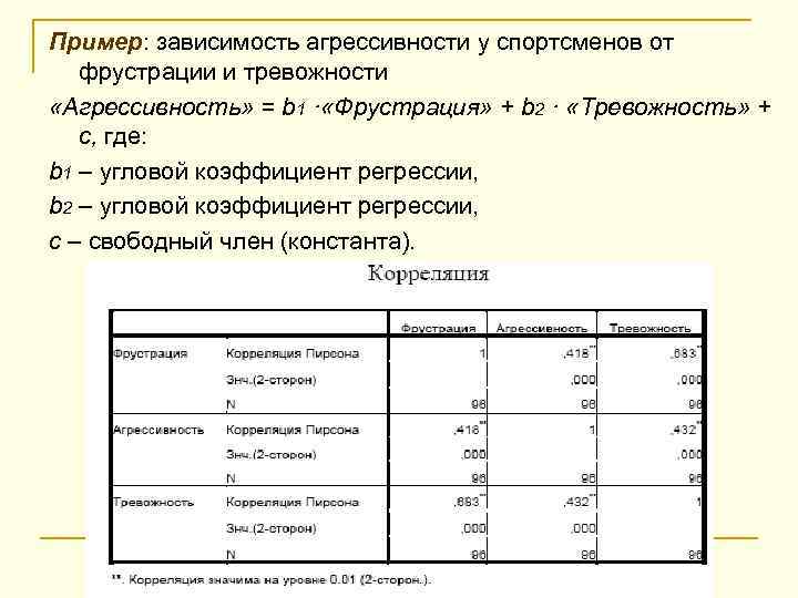 Пример: зависимость агрессивности у спортсменов от фрустрации и тревожности «Агрессивность» = b 1 ·