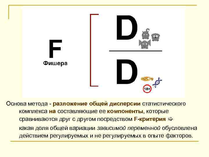 Основа метода - разложение общей дисперсии статистического комплекса на составляющие ее компоненты, которые сравниваются