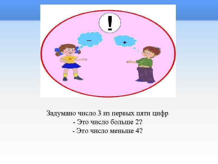 Задумано число 3 из первых пяти цифр - Это число больше 2? - Это