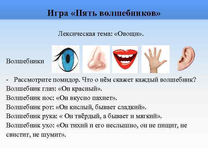 Игра «Пять волшебников» Лексическая тема: «Овощи» . Волшебники - Рассмотрите помидор. Что о нём