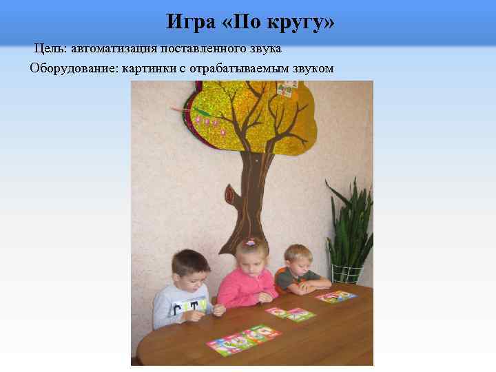 Игра «По кругу» Цель: автоматизация поставленного звука Оборудование: картинки с отрабатываемым звуком 