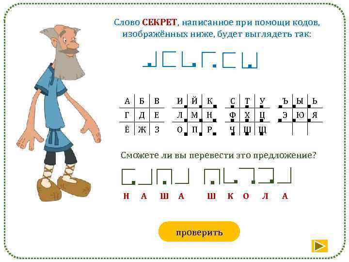 Слово СЕКРЕТ, написанное при помощи кодов, изображённых ниже, будет выглядеть так: А Б В