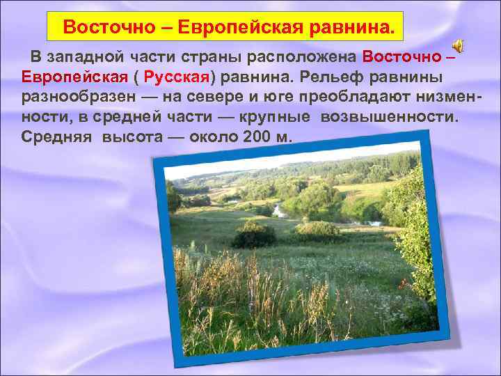  Восточно – Европейская равнина. В западной части страны расположена Восточно – Европейская (